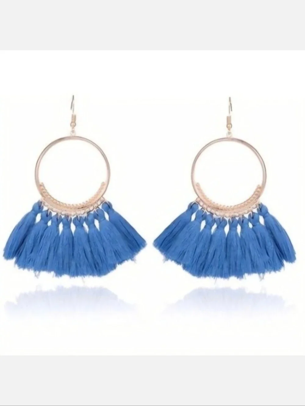 Gold Hoop Earrings Blue Thread Tassels Classic Boho Fashion Jewelry Accessories